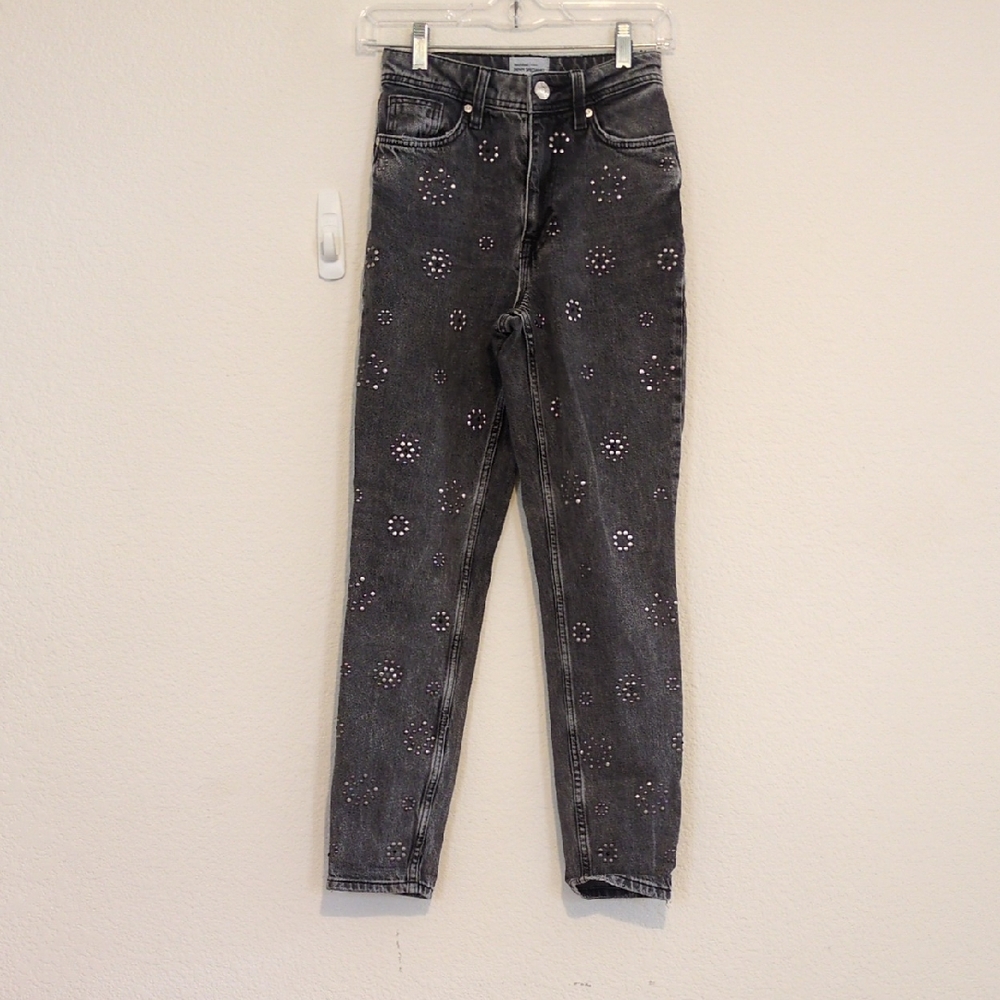 River Island Washed Black Cropped Embellished Jeans